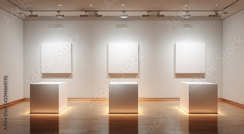 Empty, brightly lit gallery space with three pedestals and blank canvases