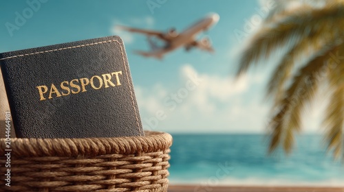 Passport in basket near beach with plane flying overhead