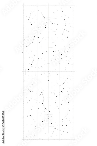Minimal star map illustration with constellations, celestial dots, and subtle circular grid lines on a clean white background