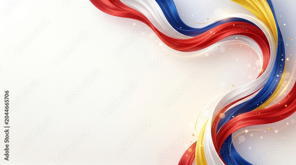 Naklejka premium Modern Malaysia Independence Day template, elegant red, white, blue and yellow color palette inspired by Malaysian national colors, abstract flowing ribbons