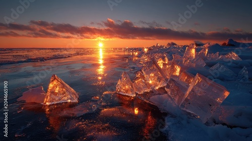 Sunlit ice shards on frozen shore at sunrise