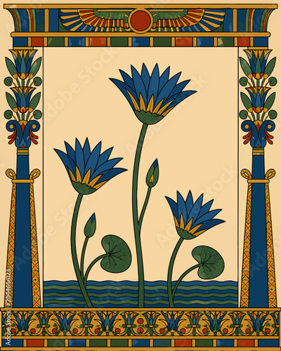 Ancient Egyptian-inspired blue lotus illustration with decorative temple border, water motifs, and vintage papyrus-style ornamental design