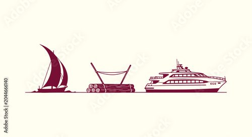 Schilderij op canvas Evolution of Maritime Vessels Set with Traditional Dhow Log Raft and Modern Luxu