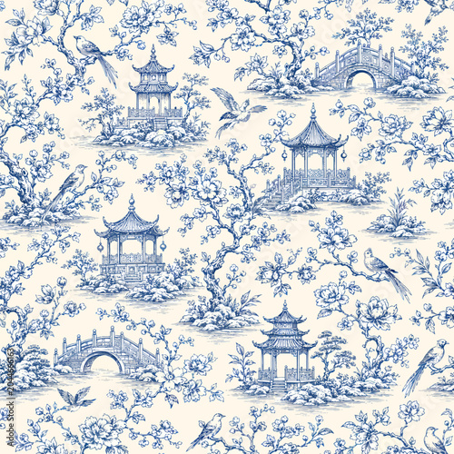 Classic blue and white chinoiserie toile pattern featuring pagodas, bridges, birds, flowering branches, and elegant Asian garden scenery