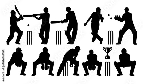 Vászonkép Cricket player silhouette vector set with batsmen bowlers and cricket elements