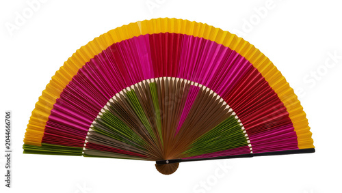 Colorful pleated paper fan with yellow pink red brown, and green sections