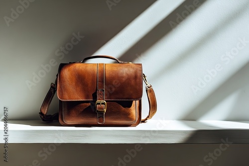 Classic brown leather satchel with strap, cast in sunlight