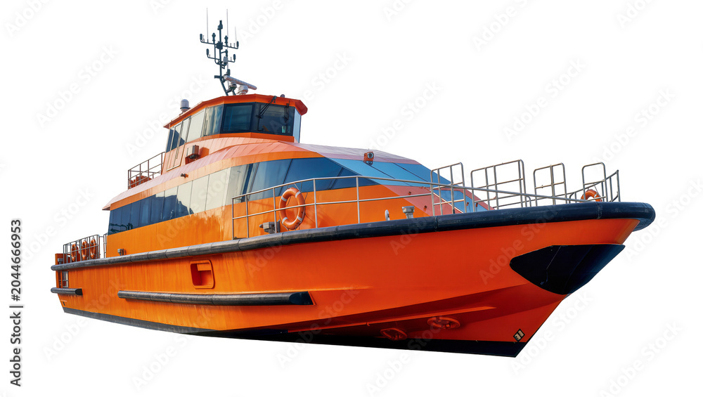 Fototapeta premium Orange pilot boat with black hull and blue windows