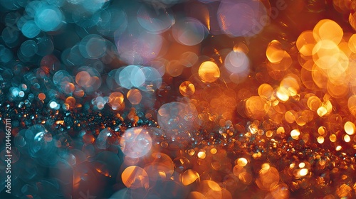 Abstract, shimmering light orbs transition from cool blue to warm orange