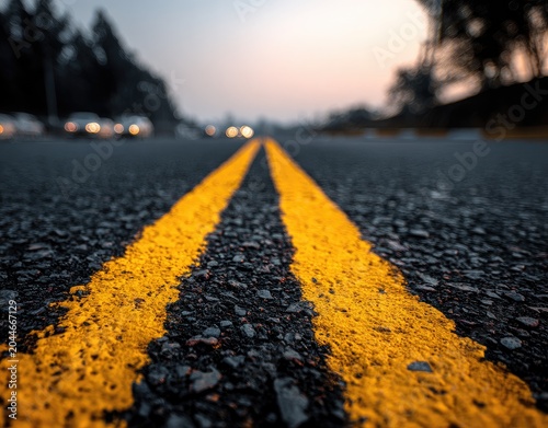 Asphalt road with yellow lines, cars in distance, hazy sky