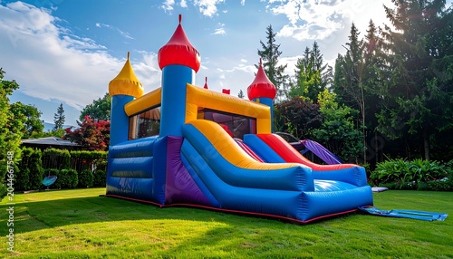 Colorful bouncy castle on a vibrant green lawn, with a sunny sky and trees in the background