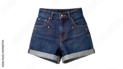Slika na platnu Blue denim high-waisted cuffed shorts with brass buttons