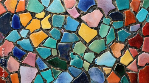 Colorful mosaic of broken ceramic shards forms a vibrant abstract pattern
