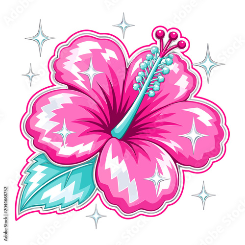 Glossy pink hibiscus flower illustration with turquoise leaf, sparkling accents, and vibrant Y2K tropical sticker style on white background