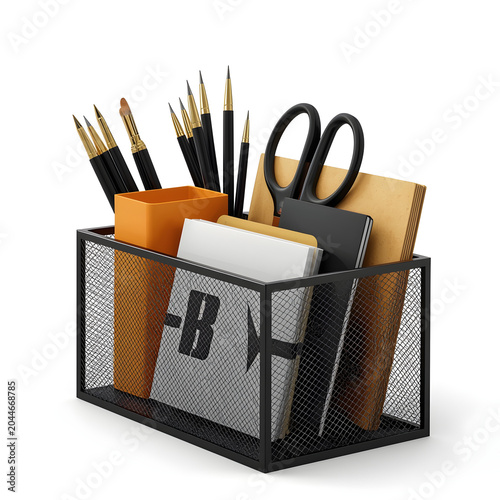 A black mesh desk organizer filled with office supplies on a white background