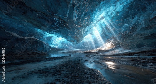 Sunbeams pierce glacial cave, illuminating icy formations and water