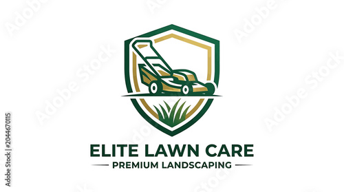 Obraz na płótnie Design featuring a lawnmower graphic shield in green and gold, ideal for elite lawn care business branding