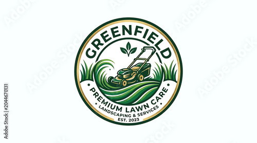 Canvastavla Greenfield premium lawn care circular logo featuring a lawnmower, grass, and leaves for professional business branding