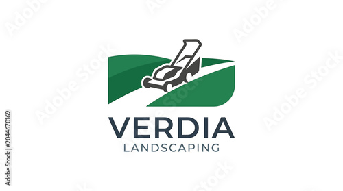Verdia landscaping logo features abstract grass shapes and a grey lawnmower icon for a professional design. Suitable for landscaping businesses.