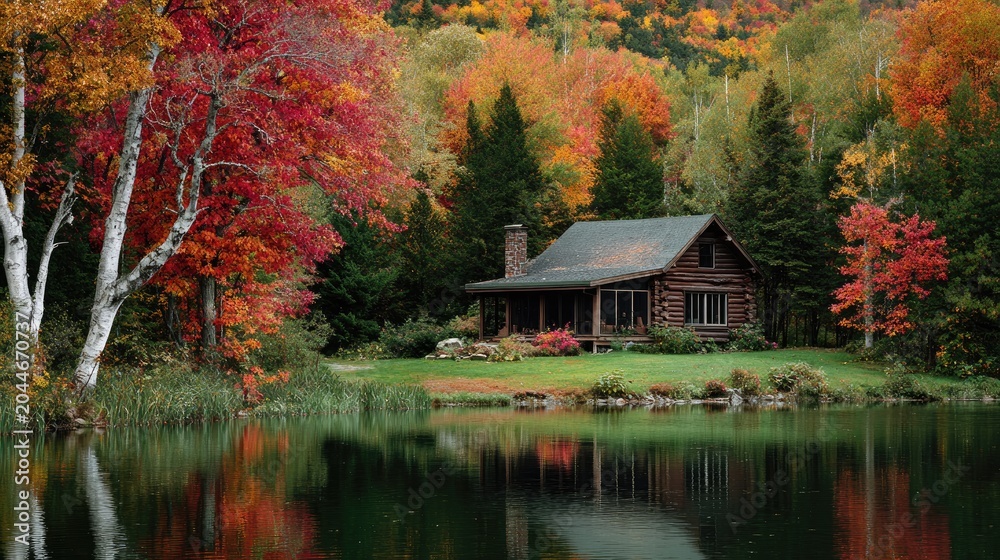 Fototapeta premium Rustic cabin nestled amidst vibrant autumn foliage by tranquil water