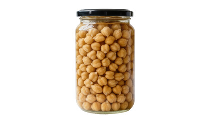 Glass jar filled with preserved chickpeas in brine