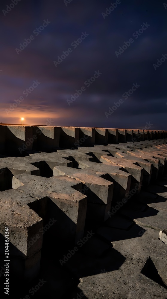 Fototapeta premium Concrete breakwater blocks arranged in rows along sandy beach at sunset with dramatic cloudy sky and golden light reflecting on water.
