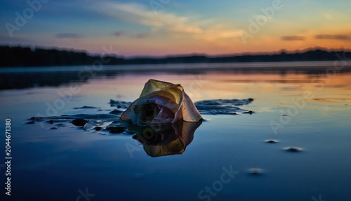 A serene sunset over a calm lake with a floating object reflecting the skys colors.