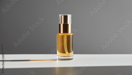 Elegant Gold Perfume Bottle with Dropper on White Surface.