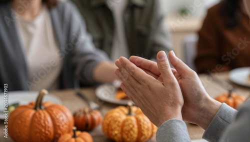 Gathered around the table in applause with decorative pumpkins on display