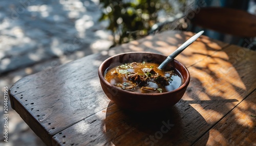 Steaming Bowl of Hearty Noodle Soup on a Rustic Wooden Table.