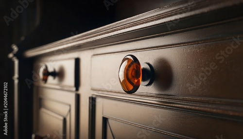 Close-up of antique wooden cabinet with ornate drawer pulls.