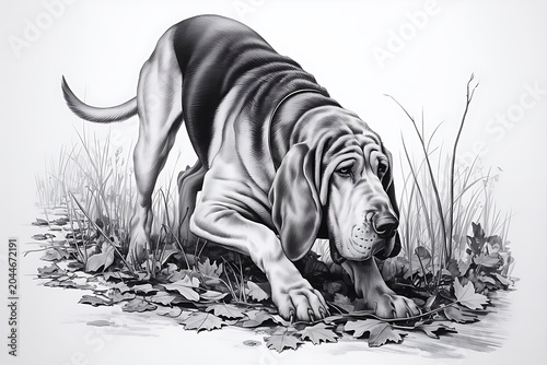 Basset hound dog sniffing grass on forest ground
