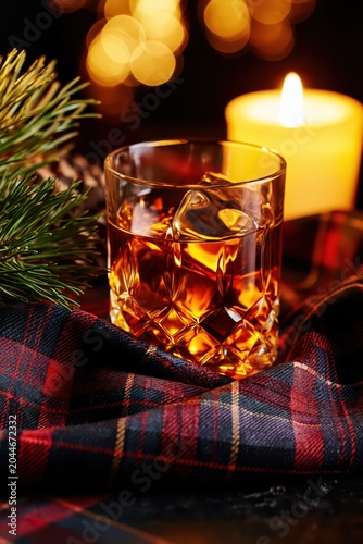 Whiskey Glass with Ice, Candlelight and Plaid Holiday Atmosphere