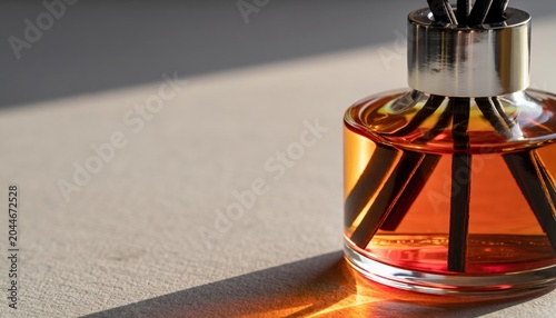 Aromatic Reed Diffuser with Amber Liquid and Natural Light.