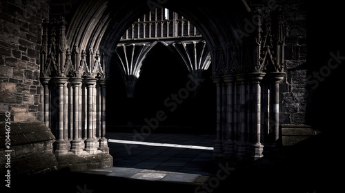 Gothic Stone Archway with Dark Medieval Courtyard Interior