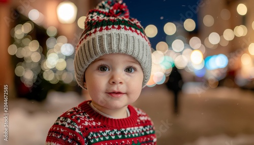 Adorable Baby in Winter Hat and Sweater Smiling at Camera.