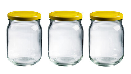 Three empty glass jars with yellow lids