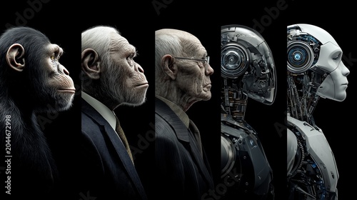 Side-profile timeline showing transformation from primitive ape to modern human to cyborg and android, symbolizing evolution, technology and future of humanity.