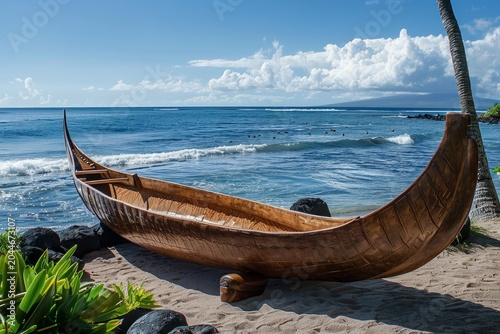 Wooden outrigger canoe on a hawaiian beach with ocean waves and clouds