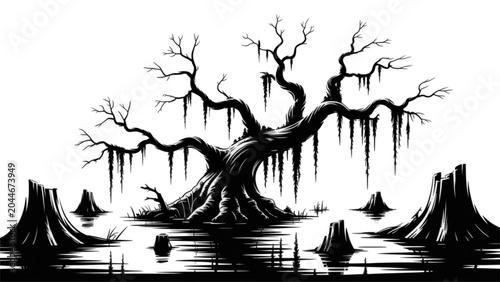 Photos Dark eerie tree with twisted branches and dripping black liquid in a haunted for