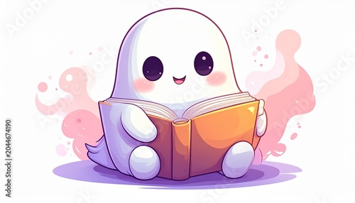 Adorable little white ghost character enjoying a peaceful moment, engrossed in reading an oversized book with a warm, cozy expression amidst a soft, pastel-colored background
