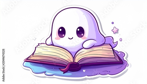 Adorable little ghost character with a heartwarming smile, peacefully enjoying an oversized open storybook, depicted in a charming soft pastel style, perfect for enchanting tales