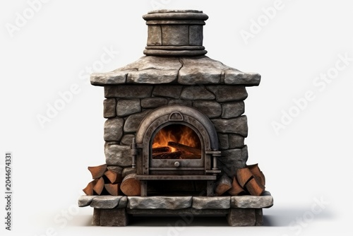 Stone brick oven with firewood and blazing logs providing warmth and cooking capabilities