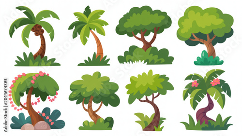 Foto Cartoon characters enjoying tropical beach and forest activities with palm trees