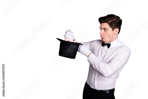Fotografía Profile side photo of funky wizard magician impressed by miracle making focus ho