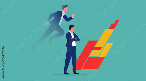 Businessman visualizing future success and growth, standing with arms crossed while observing an abstract rising graph and a transparent running figure representing determination and ambition