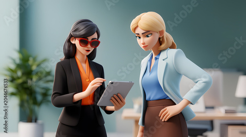 Two 3d businesswomen collaborating in a modern office, one showing data on a digital tablet while the other is observing, discussing project ideas and strategy