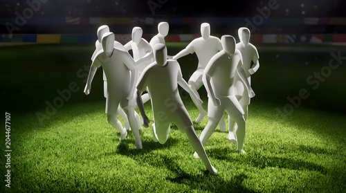 Football team of abstract white players running on a green grass pitch under stadium spotlights, portraying competition, energy, and teamwork in a modern athletic context