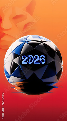 Soccer ball with glowing 2026 numbers on a vibrant orange and red gradient background, representing future major world sports championships and digital events
