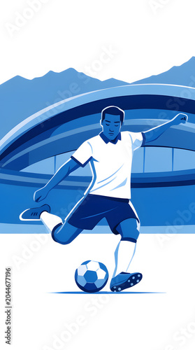 Soccer player kicking ball on field, concentrating during a match, featuring stadium stands and mountains in a modern monochrome blue vector style